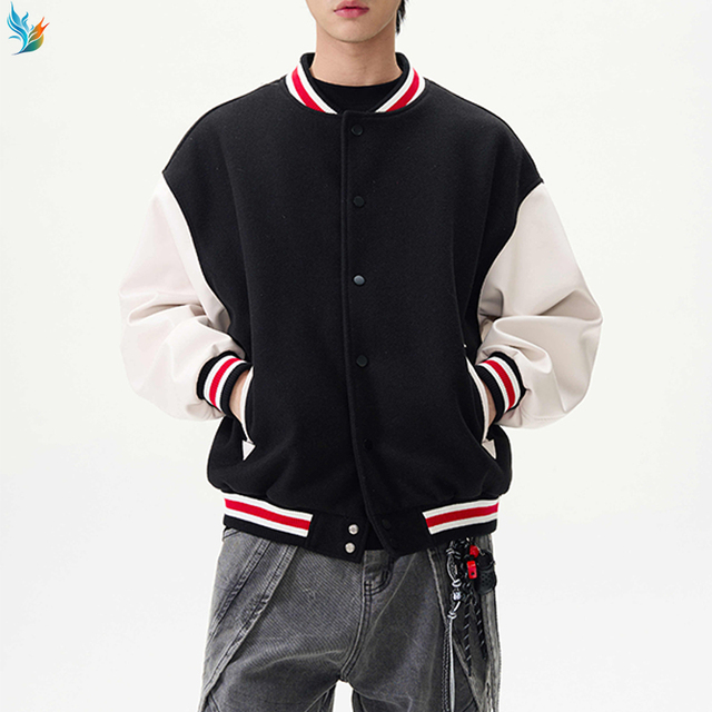 Oversized Streetwear Bomber White Leather Sleeves Coat Men's Black Wool-Blend Varsity Jacket