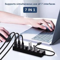 Hub USB 3.0 de 7 Puertos con Divisor de Uno a Siete, Dispositivo de Expansión de Alta Velocidad para Computadora Portátil, Adaptador de Corriente CC, Material ABS, en Stock