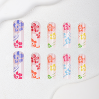 Uñas postizas al por mayor, largas, multicolor, con diseño de hibisco, 24 unidades, puntas de uñas postizas de ABS pre-diseñadas