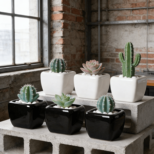 Mini pot carré en céramique noir et blanc MDJ pour plantes succulentes, avec trou de drainage, design minimaliste écologique, décoration de bureau à domicile, 0,3 kg - Product Image 2