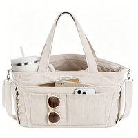 Tas Tote Korduroi Vintage Mewah yang Tenang, Tas Selempang Multi-Kantong dengan Tempat Botol Minum untuk Penggunaan Sehari-hari Wanita