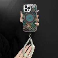 Coque de téléphone portable antichoc en TPU+PC motif lotus bleu vintage avec cordon pour 15 Pro Max/17/16/14/13/12