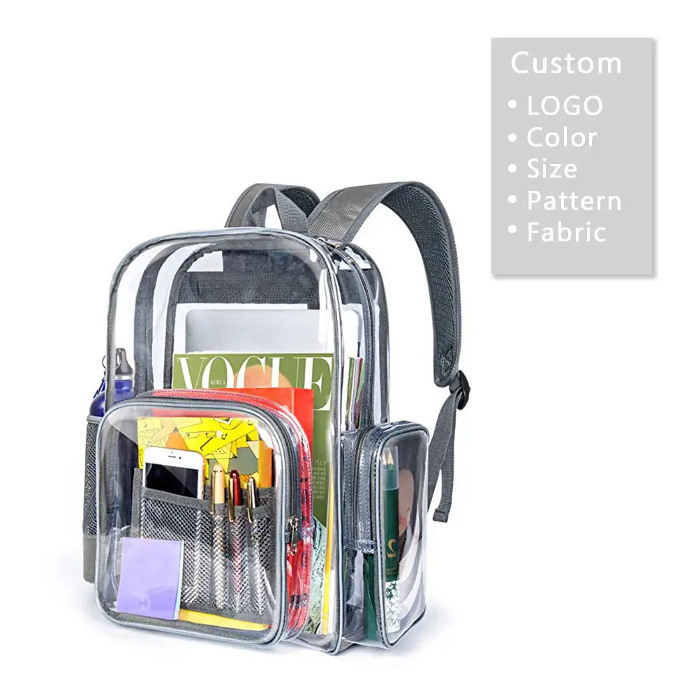 Custom Printed PVC Clear Bags Backpack Stadium Approved Heavy Duty Waterproof Rucksack For School Travel Transparent Back Pack