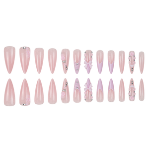 <span class=keywords><strong>Faux</strong></span> ongles longs à presser style stiletto, rose nude, avec nœud 3D, motif floral et strass, mignons, réutilisables, vente en gros, personnalisables - Product Image 5