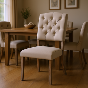 Chaise de salle à manger capitonnée en tissu beige avec pieds en bois, design moderne pour l'ameublement de la maison - Product Image 2