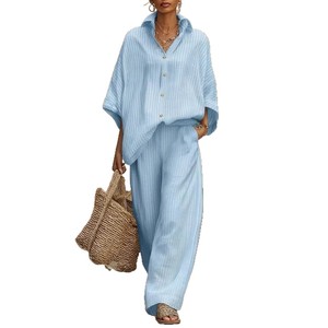 Conjunto de Dos Piezas para Mujer, <span class=keywords><strong>Camisa</strong></span> Informal de Lino con Botones, Pantalones Anchos de Cintura Alta, Conjunto Deportivo a Juego - Product Image 5