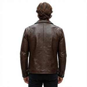 Blouson moto en cuir marron gaufré pour homme, col rabattu, fermeture éclair, coupe classique, couleur unie, idéal pour l'automne - Product Image 2