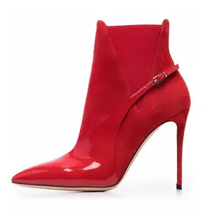 Damen Pointed Toe Red Lack leder Stiletto High Heel Slip an kurzen Stiefeln für Damen Stiefeletten