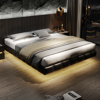 Lit flottant suspendu moderne de luxe léger et minimaliste, avec base rembourrée en cuir synthétique, cadre de lit double avec rangement, tailles King et Queen