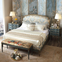 Lit double en tissu de style palais français, rococo rose, bouleau, lit de mariage, meubles de chambre à coucher rétro européens