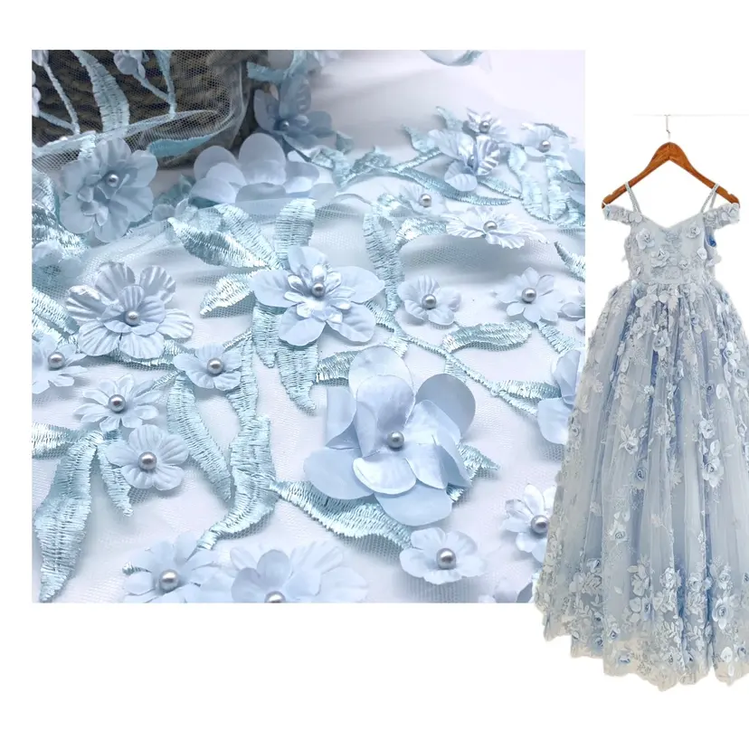 Ciao qualità 100% polietser 3D floreale cielo blu tessuto di tulle per abito da sera