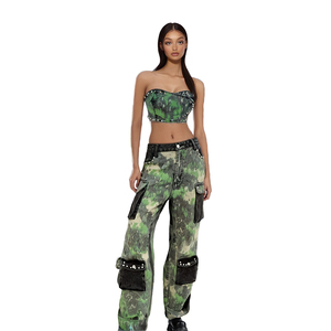2025 nouvelle mode Denim deux pièces ensemble Sexy sans bretelles Corset hauts pour femmes et couleur femmes Cargo Jeans avec <span class=keywords><strong>Rivet</strong></span> déco - Product Image 2