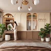 Armoire intégrée en noyer crème avec coiffeuse, unité haute sur mesure pour chambre à coucher