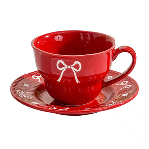 <b>Red</b> <b>Bow</b> Underglaze Ceramic Coffee Cup And Saucer Set European Afternoon Tea Cup Elegant Gift For Wedding Women - Product Image 6
