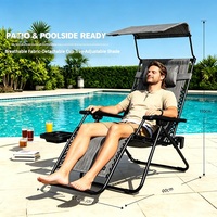 Chaise longue d'extérieur robuste à gravité zéro, pliable, avec pare-soleil et porte-gobelet pour jardin, piscine et camping