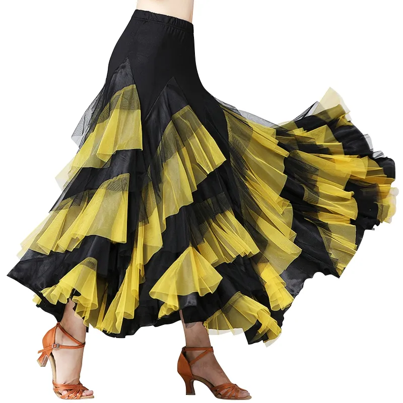Atacado Modern Ballroom Dance Big Swing Saia Para As Mulheres Elegante Satin Multi-Layer Color Matching Waltz Tango Latin Dancedress