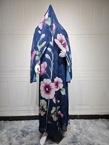 2025 Dubai Luxury Dark Blue Floral Print <strong>Chiffon</strong> Muslim Open <strong>Abaya</strong> With Matching Hijab Loose Modest Outfit - Product Image 6