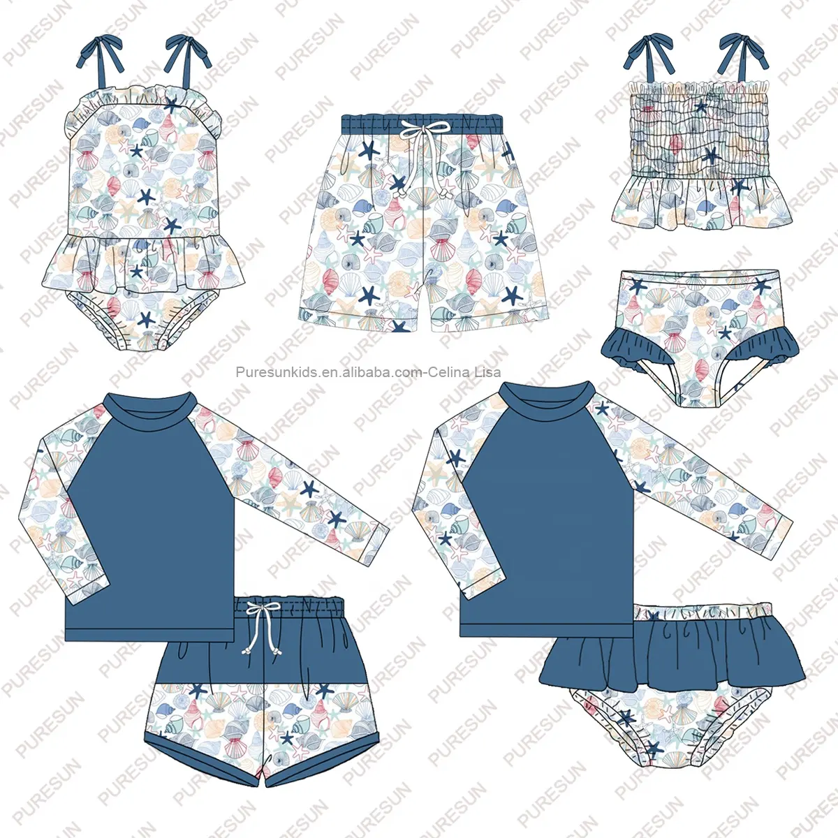 Puresun-traje de baño para niñas, Bañador con estampado de conchas, moda de verano para recién nacidos, venta al por mayor