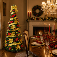 Arbre de Noël artificiel pré-éclairé Ownerparty de 6 pieds et 7 pieds avec ruban doré et poinsettia, lumières LED chaudes, décoration de Noël de luxe