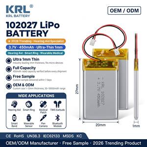 KRL 102027 1mm Ultra Thin LiPo Battery 3.7V 450mAh CE RoHS for Hearing Aid Audiphone In-Ear Medical Device OEM - Product Image 1