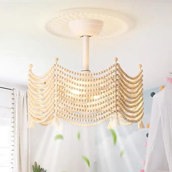 Groothandel Boho Hout Kraal Plafond Ventilator Licht Met Afstandsbediening Voor Slaapkamer Kinderkamer Gang Bohemian Kralen Plafond Ventilator Licht