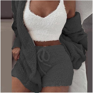 <span class=keywords><strong>Pigiama</strong></span> Primaverile da <span class=keywords><strong>Donna</strong></span> alla Moda, Set da Notte in <span class=keywords><strong>Peluche</strong></span> con Cappuccio, Gilet e Pantaloncini, 3 Pezzi, Sexy e Confortevole - Product Image 2