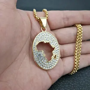 Colgante de acero inoxidable para hombre, placa de bandeja ovalada de diamante de cristal, oro de 18K, collar del continente africano