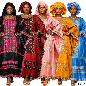 Robes longues brodées H&D FY02 African <span class=keywords><strong>Bazin</strong></span> Riche pour femmes, taille unique, <span class=keywords><strong>robe</strong></span> rouge avec foulard - Product Image 1