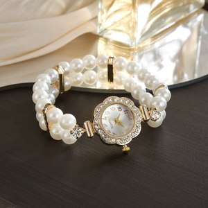 <span class=keywords><strong>Montre</strong></span> à quartz décontractée pour <span class=keywords><strong>femme</strong></span> avec <span class=keywords><strong>bracelet</strong></span> élastique à <span class=keywords><strong>double</strong></span> rang de perles, incrustations de cristaux et boîtier en alliage, cadran à chiffres arabes - Product Image 4