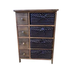 Brown Chest Of Drawers Simple And Stylish Storage Unit Wicker Woven Basket Drawer Dark Pine Wood Cabinet