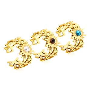 Anillo Ajustable Chapado en Oro de 18K, Acero Inoxidable con Incrustaciones de Ópalo y Turquesa, Anillo Abierto con Grabado de Girasol para Mujer - Product Image 4