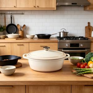 Casserole ovale en <span class=keywords><strong>fonte</strong></span> <span class=keywords><strong>émaillée</strong></span> blanc crème, <span class=keywords><strong>fonte</strong></span> vierge de qualité supérieure pour braiser, rôtir et cuire au four - Product Image 3