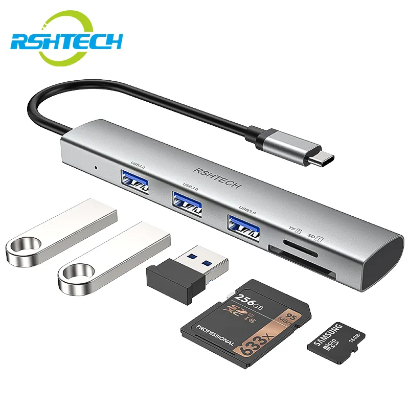 RSHTECH Hub USB C 5-IN-1, Hub transmisi tanggal stasiun Dok pembaca kartu SD TF dengan Hub meja Laptop