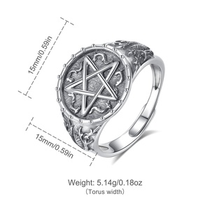 Prix de gros bijoux Vintage argent Sterling 925 ouvert taille réglable anneau pentagramme Wiccan pour hommes - Product Image 2