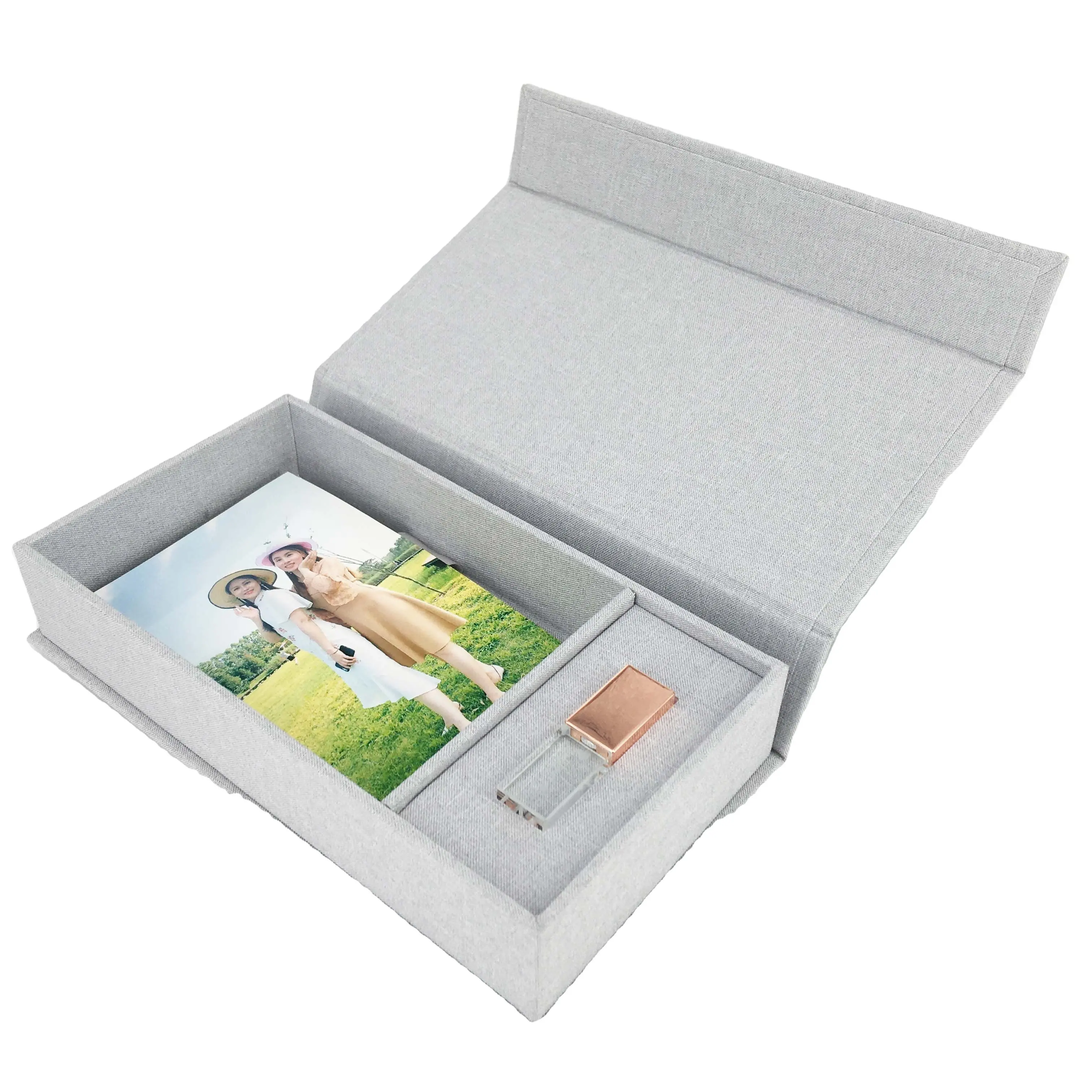カスタム包装ボックスリネン付きジュエリーボックスUSBと写真用の高級ギフトボックス