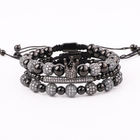 Ensemble de bracelets pour hommes en acier inoxydable avec breloque en forme de boule de couronne pavée de CZ de luxe au design classique de haute qualité, logo personnalisé