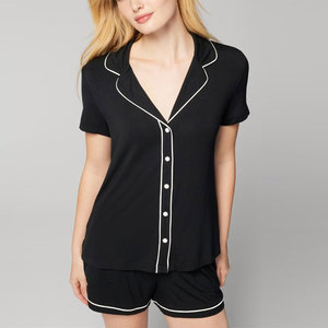 Abbigliamento da <span class=keywords><strong>donna</strong></span> di alta qualità Top <span class=keywords><strong>pigiama</strong></span> Super morbido <span class=keywords><strong>con</strong></span> <span class=keywords><strong>bottoni</strong></span> a contrasto a manica corta camicia da notte per <span class=keywords><strong>donna</strong></span> - Product Image 4