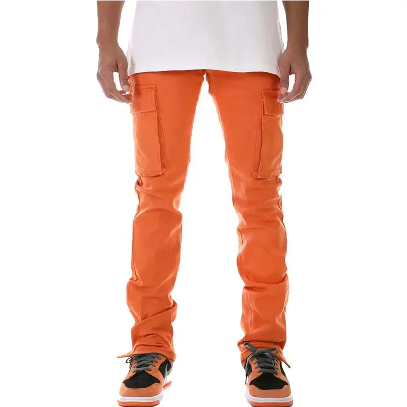 Pantalones vaqueros ajustados apilados para hombre, vaqueros de color naranja apilados