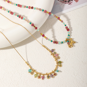 สร้อยคอพลอยขายส่ง สแตนเลส 316 ชุบทอง 18K สร้อยคอรูปยูนิคอร์นประดับด้วยหินธรรมชาติสีชมพู สร้อยคอแบบโชคเกอร์สำหรับผู้หญิง - Product Image 3