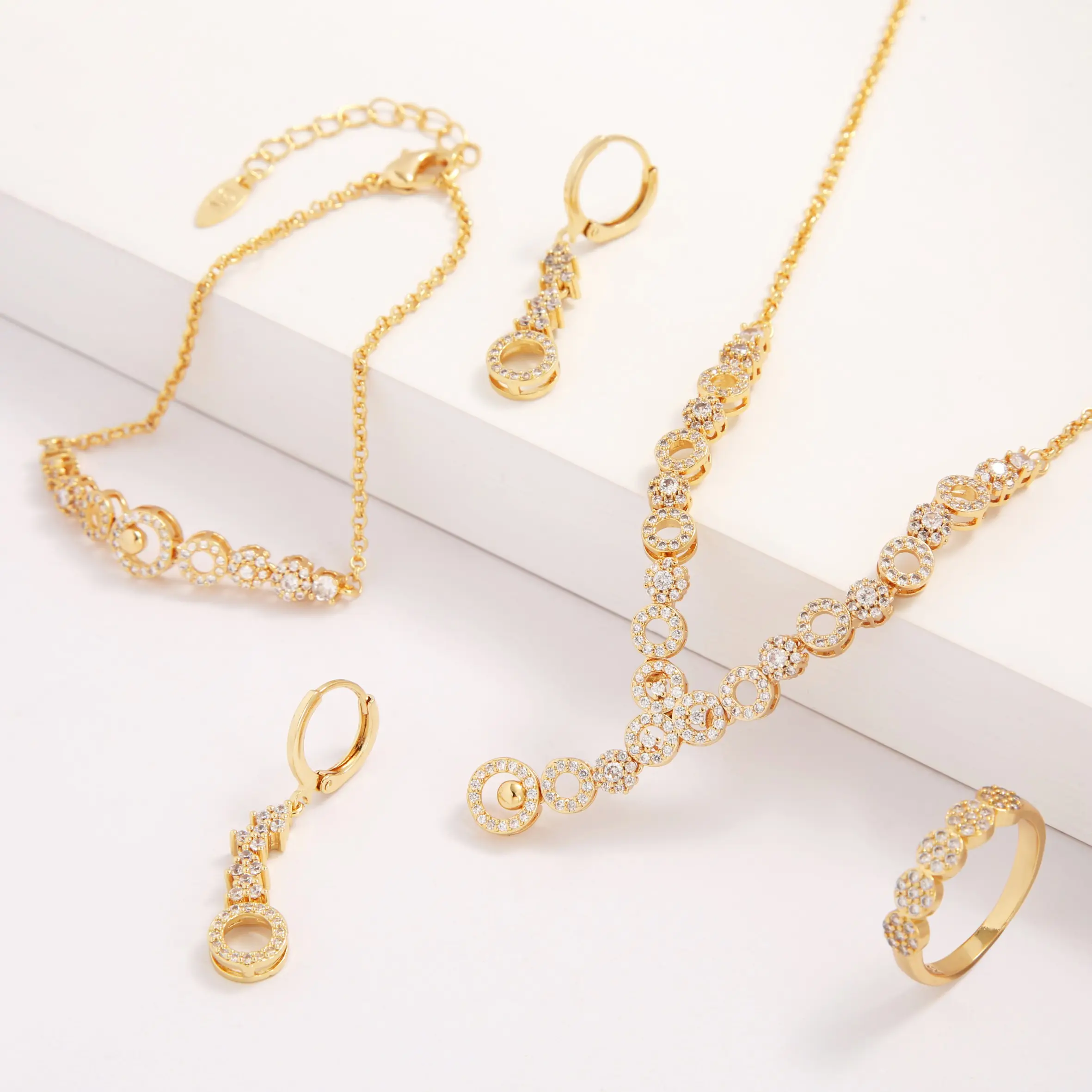 GARAANTIIE 18K gold-plated jewelry set white CZ zircon gem long string luxury exquisite necklace earrings bracelet ring jewelry