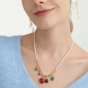 Collier en pierre naturelle en forme de cœur pour femmes, chaîne de perles, bijoux dorés, accessoire à porter au quotidien - Product Image 2