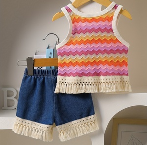 Ensemble deux pièces pour petite fille 2026 : débardeur en tricot à pompons + <span class=keywords><strong>short</strong></span> en jean à pompons – Adorable ensemble 2 pièces - Product Image 2