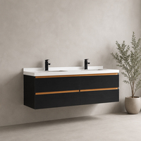 Meuble-lavabo mural flottant moderne de style nordique minimaliste, noir mat, aspect bois, double vasque avec plan de travail