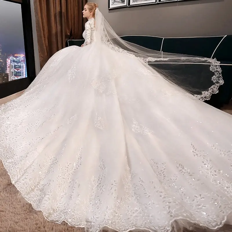 Sexy High Neck Europe Style Wedding Dress Three Quarter Sleeves Luxury Ball Gown Vintage Lace Bride Dress Princess Gown