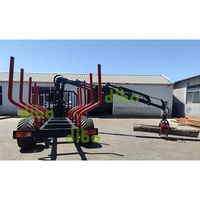 Gru idraulica per legname DIBO con portata di 6,5 m, omologata CE TUV, per macchine agricole, montata su rimorchio per legname con capacità di carico di 10 tonnellate.