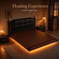 Lit plateforme flottant king-size moderne, capitonné et rembourré, avec bande lumineuse LED chaude, cadre en bois massif, cuir de luxe