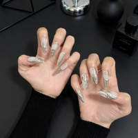 Faux ongles à presser blanc argenté, design effet métal liquide, longs, forme amande, en acrylique, 10 pièces, personnalisables pour salons de manucure et fournisseurs de SPA