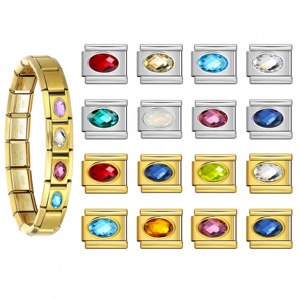Pulsera Modular de Acero Inoxidable de 9mm con Eslabones de Dijes Italianos Ovalados de Colores Surtidos y Piedras de Nacimiento, Joyería para Mujer, Regalo de Cumpleaños, Venta al por Mayor - Product Image 1