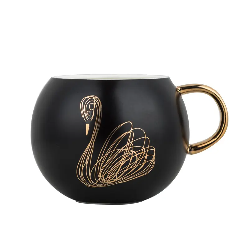 Seaygift 2019 phantasie neue schwarz gold schwan kreative große bauch tasse werbe gold griff schwarz keramik becher