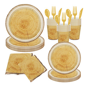 Wood Grain Party Tableware Set <b>Disposable</b> <b>Plates</b> Cups Napkins Forks Spoons Forest Theme Camping Outdoor Party Supplies Kit - Product Image 1